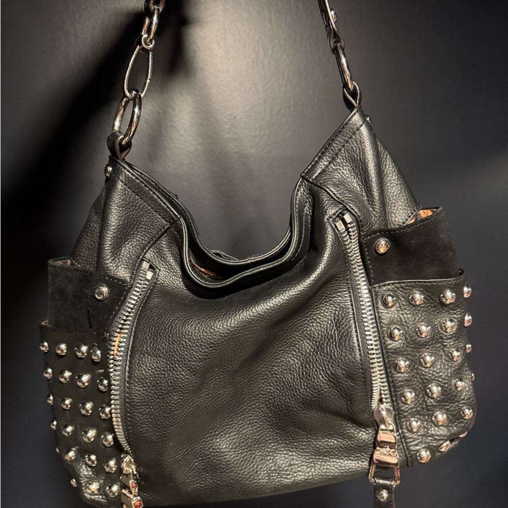 B. Makowsky Studded Black Leather Hobo Shoulder Bag – Leopard Lining